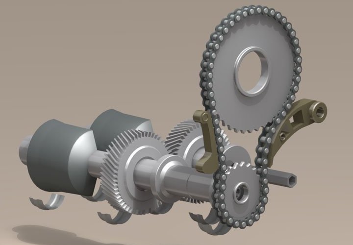 Balancer shaft module of the 2.0 TDI (EA189), early chain-driven version without housing and without oil pump: large crankshaft sprocket, chain with tensioner and guide rail, small sprocket on the first balancer shaft, helical gear pair, two shafts with unbalance weights, bearing shells below, and on the right at the shaft end the hexagon socket that takes the drive dog to the oil pump