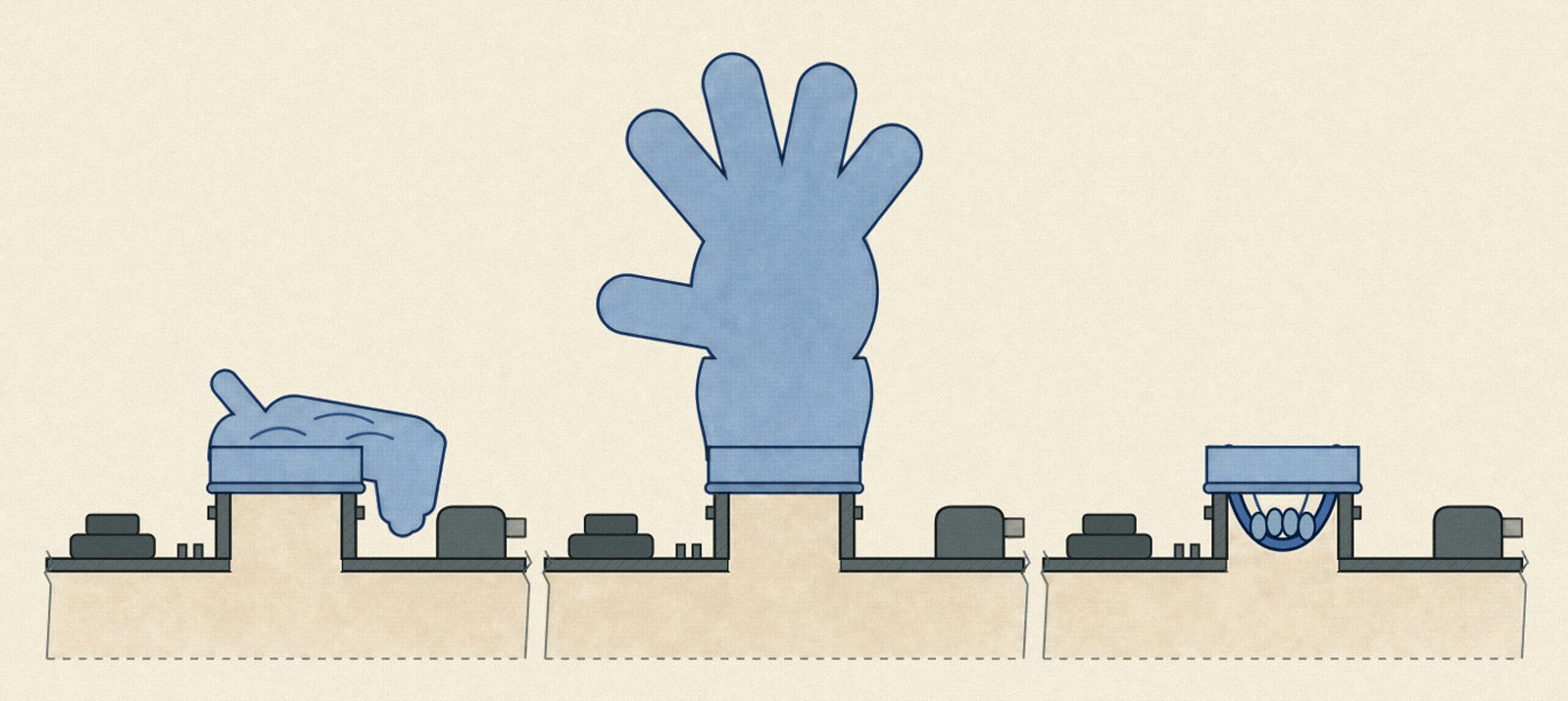 Three identical oil filler necks of a cylinder head cover in section, each with a blue disposable glove pulled over it: on the left the glove hangs limp to one side, in the middle it is inflated tight with the fingers standing up, on the right it is sucked deep into the neck