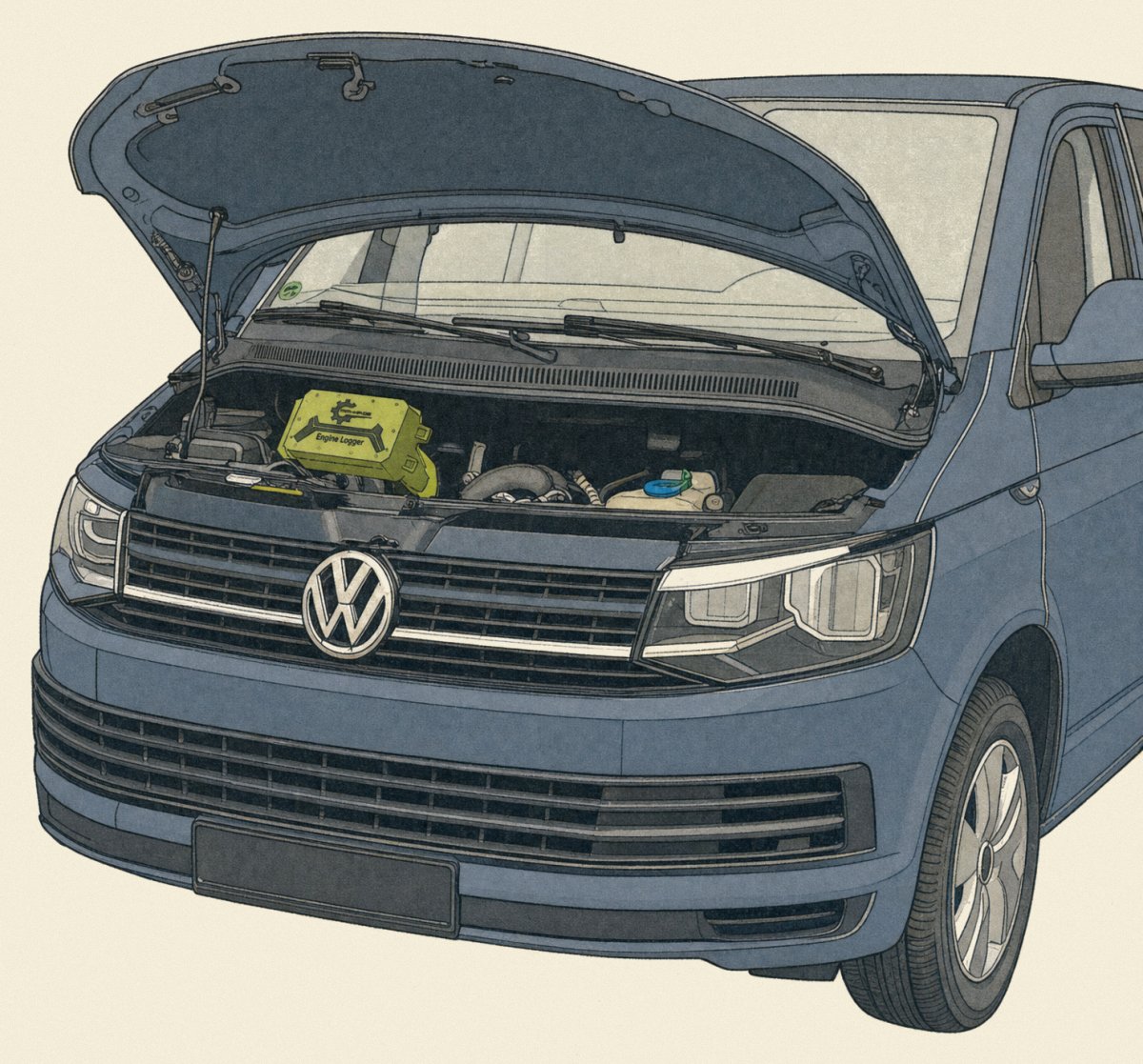 VW T5/T6 van with the bonnet open and a green MMHP "Engine Logger" measurement unit in the engine bay