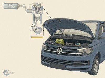VW T5/T6 van with the bonnet open and an MMHP Engine Logger in the engine bay, next to a section through its CFCA engine: EGR cooler, EGR valve and cylinder