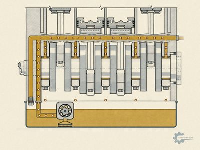 Longitudinal section through a four-cylinder crankcase with five main bearings and the main oil gallery
