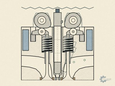 Section through a diesel cylinder head with camshafts, roller finger followers, valves and injector