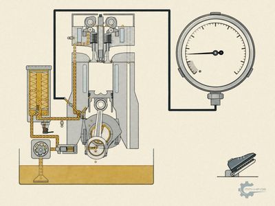 Engine block with oil pump, main gallery and three main bearings, beside it a gauge and the accelerator pedal