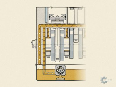 Longitudinal section through the crankcase with crankshaft, main oil gallery and oil pump in the sump