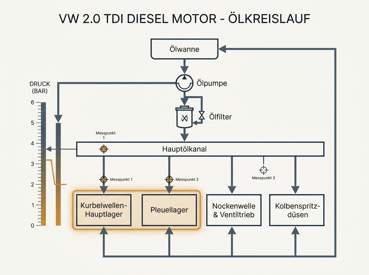 Schema: Öldruck-Kaskade im Motor-Ölkreislauf mit Druckabfall und möglichen Messpunkten (KI-generierter Entwurf – bitte fachlich prüfen und überarbeiten)