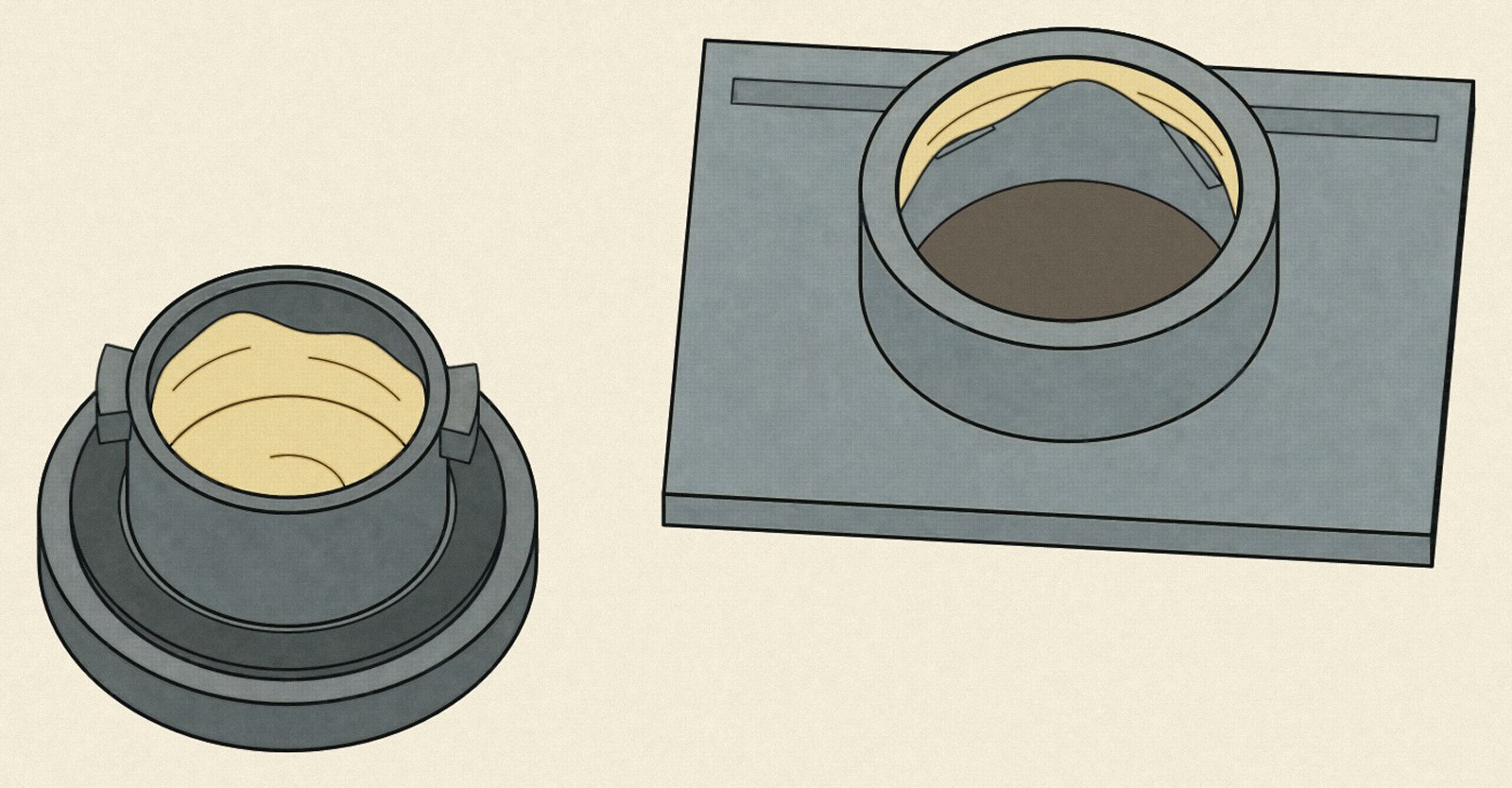 Plastic oil filler cap turned upside down, its inside covered all over with a pale beige, creamy deposit; next to it the open filler neck of the cylinder head cover with the same deposit on its inner wall just below the rim