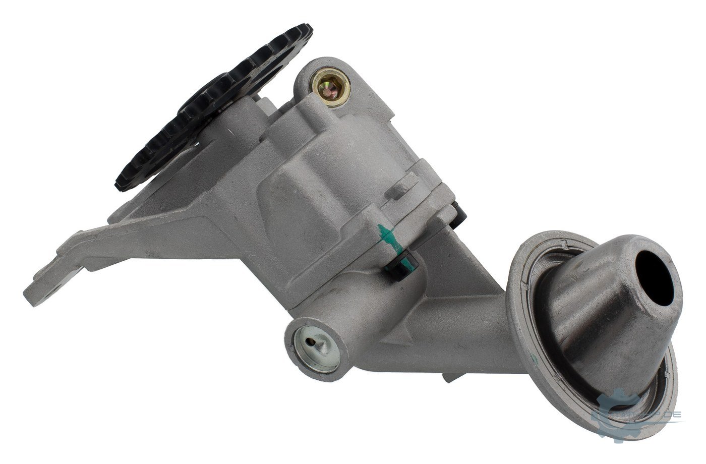 Oil pump with chain sprocket and attached pickup bell, seen from the side, flat screen head with the funnel below it