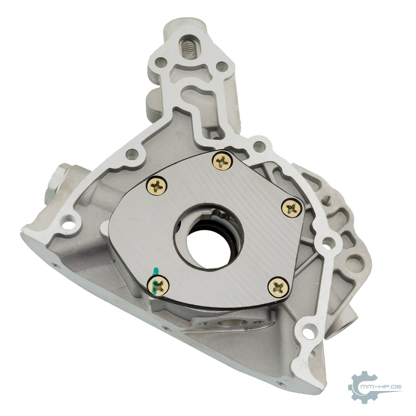 Front-cover oil pump with a large central bore and a bolted pump cover