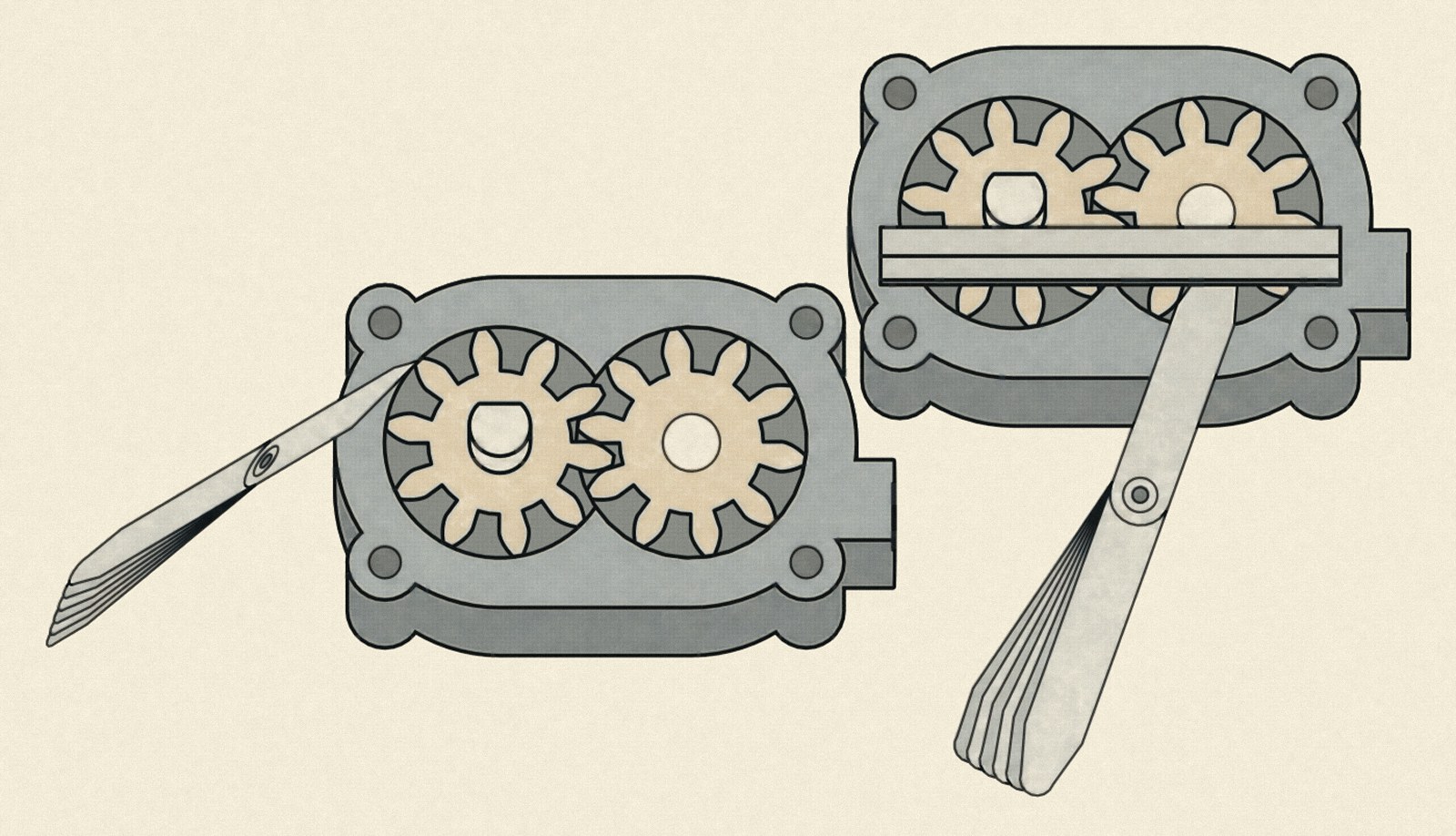 Two opened gear-type oil pumps with the cover removed: on the left a feeler gauge blade sits between a tooth tip and the housing wall, on the right a straightedge lies across the housing face and the gears with a feeler blade pushed under it