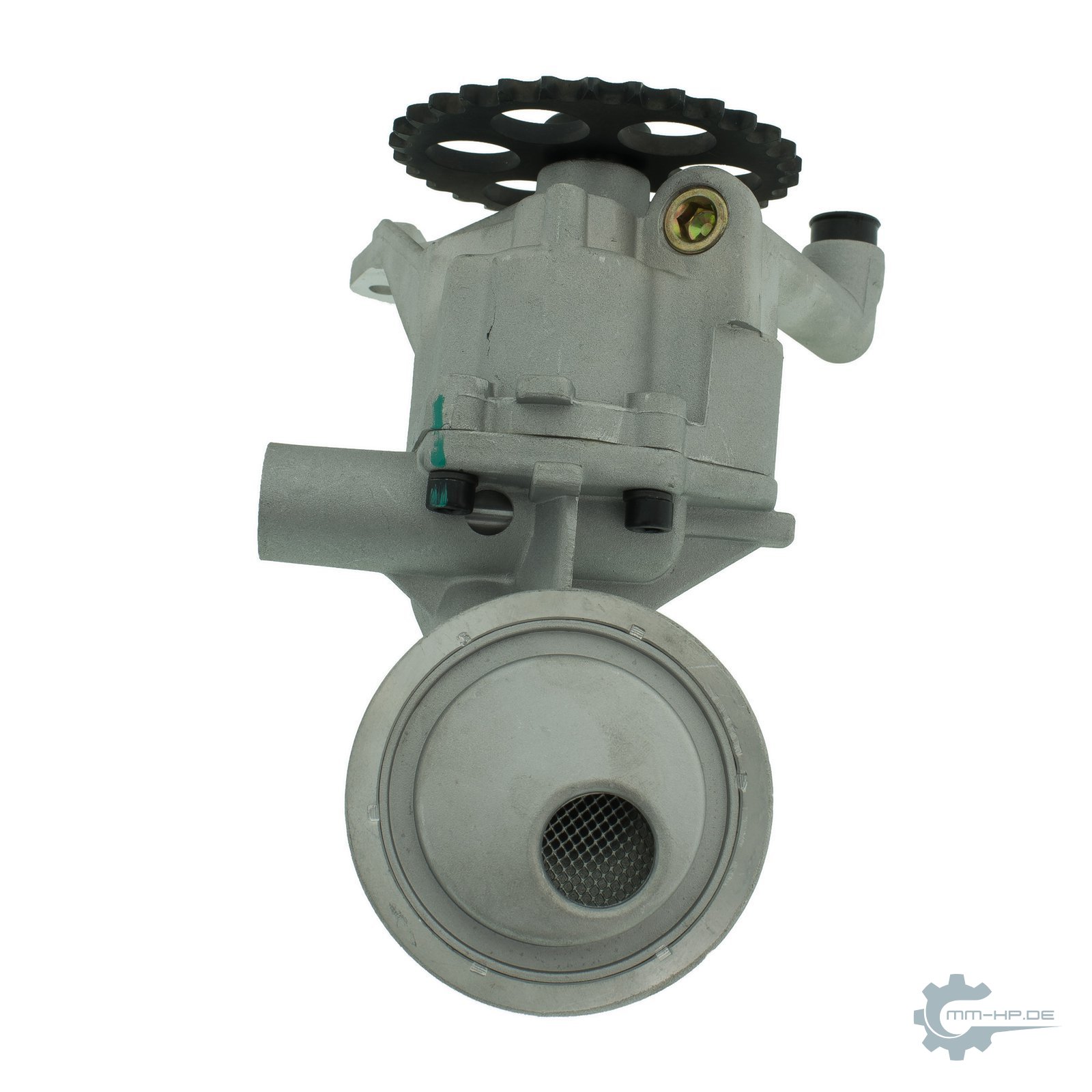 Oil pump with a sprocket on top and a round pickup with strainer below