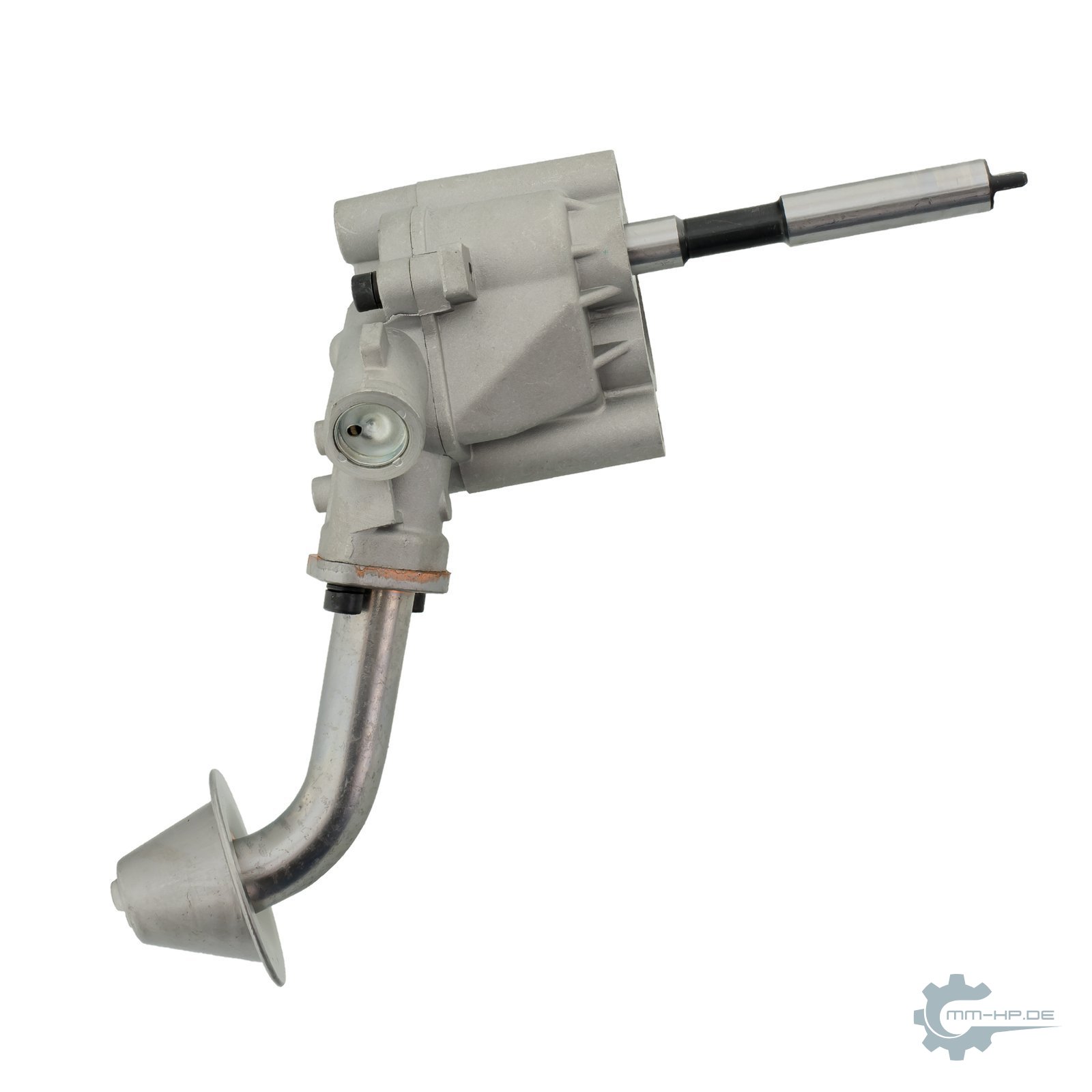 Oil pump with a long drive shaft on top and a curved pickup pipe below