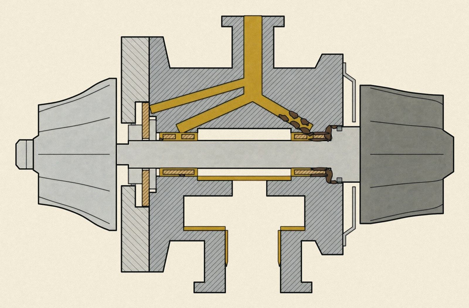 Longitudinal section through the bearing housing of a turbocharger with the shaft, compressor wheel on the left and turbine wheel on the right, two floating bearing bushes, thrust bearing, oil feed at the top and drain at the bottom; after a hot shutdown oil stands in the passages, and dark coke deposits sit in the bearing and feed passage on the hot turbine side