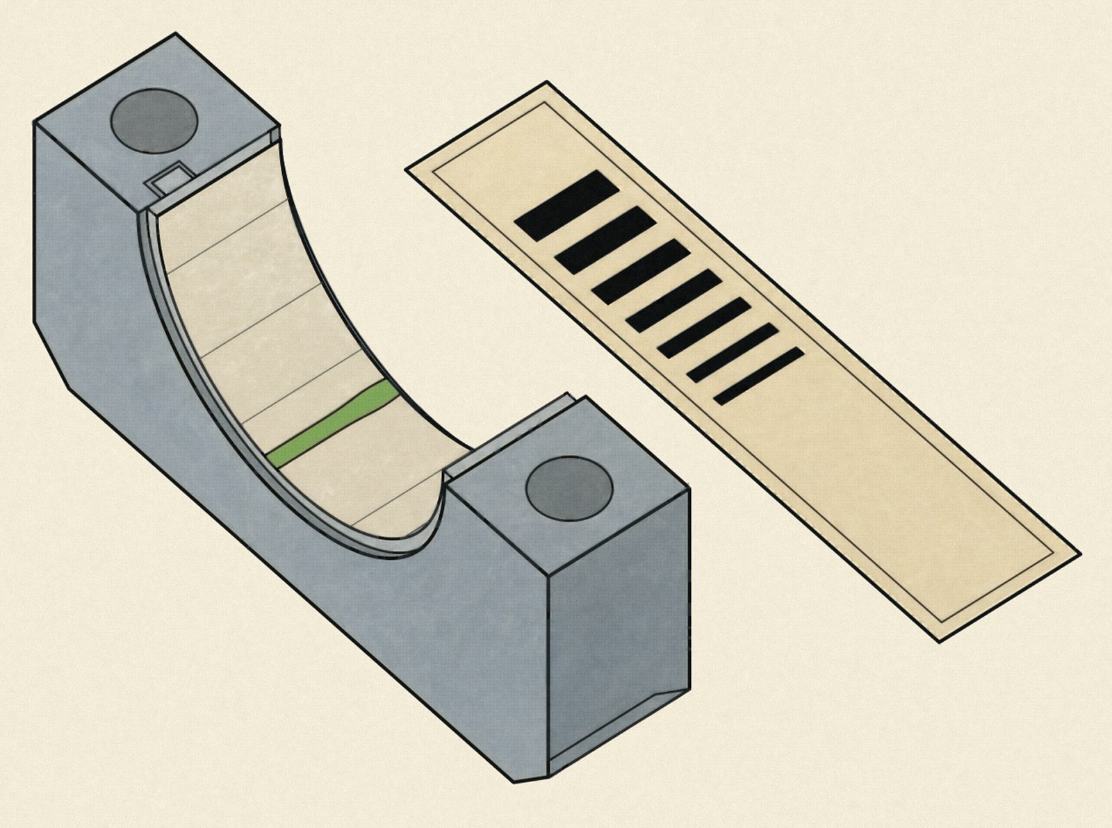 Removed main bearing cap with its shell, seen at an angle from above onto the bearing surface; a flattened green Plastigage strip lies across the shell, parallel to the crankshaft axis; next to it the paper envelope with its comparison scale, the bars running parallel to the strip, one as wide as the strip at its widest point