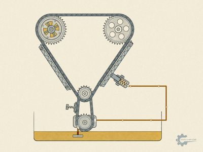 Timing chain drive with crankshaft sprocket, two camshaft sprockets, guide and tensioner rails and hydraulic tensioner