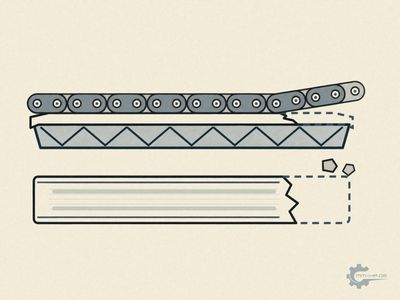 Tensioner rail with the sliding layer broken at the chain entry, below it the top view with broken-off pieces