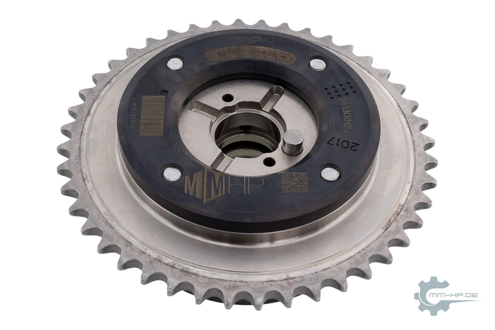 New cam phaser: sprocket with a dark cover and a central bore