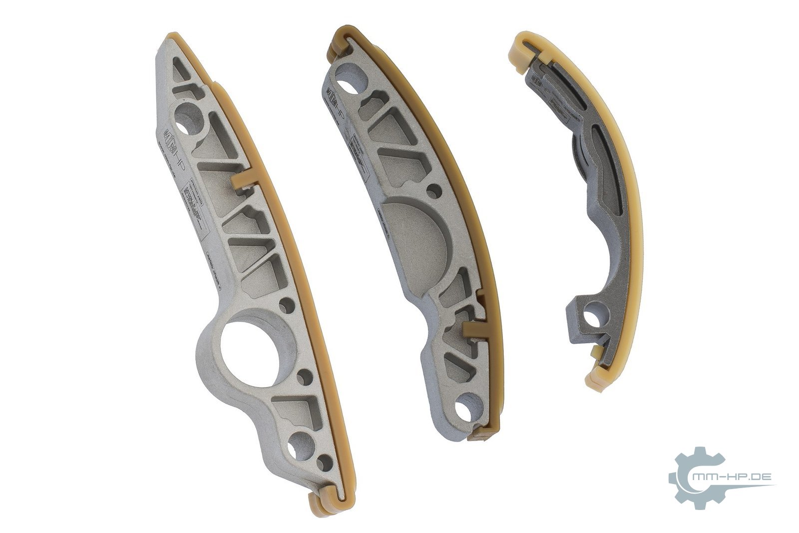 Three timing chain rails as new parts: ribbed carriers topped with a light-coloured lining