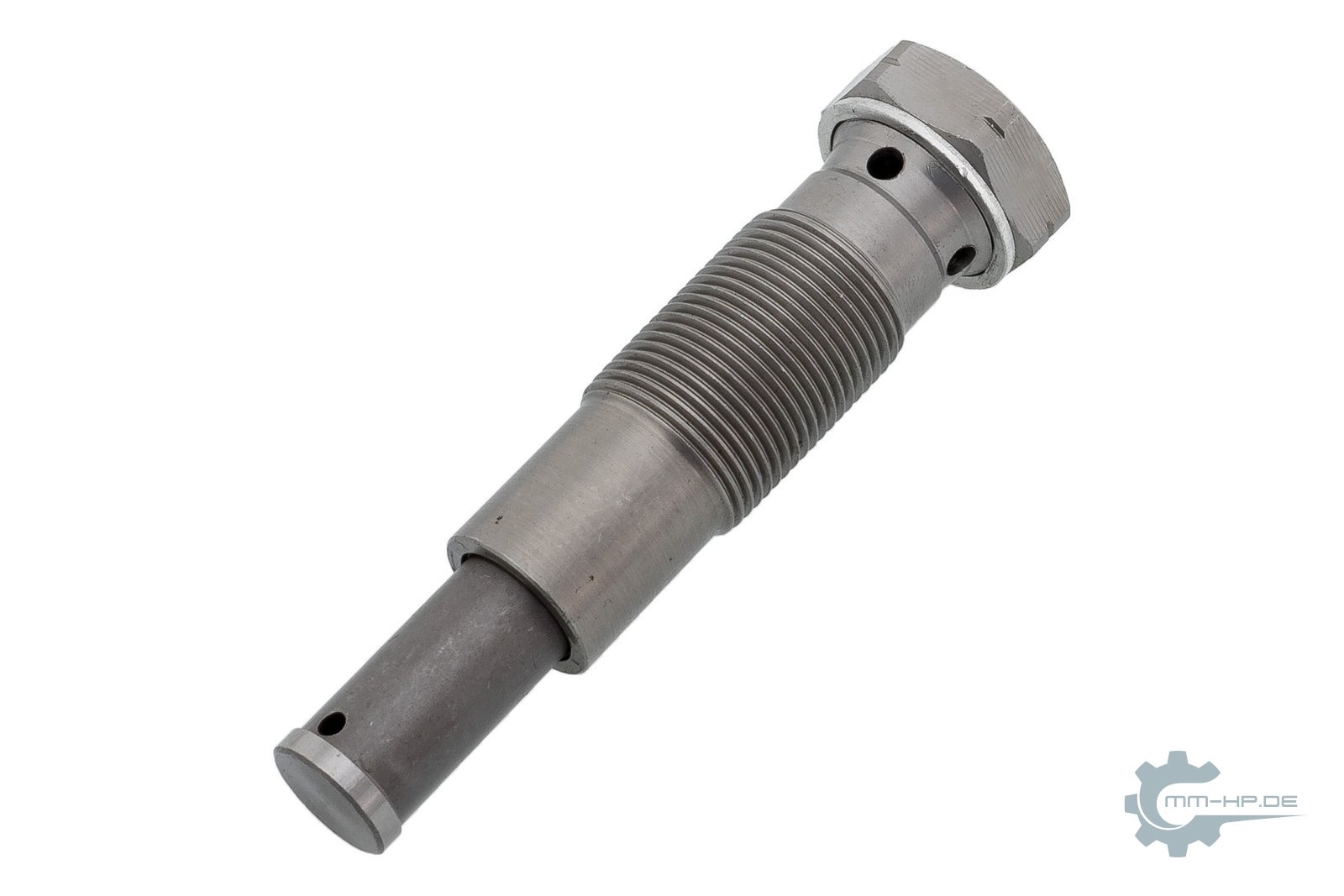 Hydraulic screw-in chain tensioner as a new part: threaded housing with a hex, piston protruding