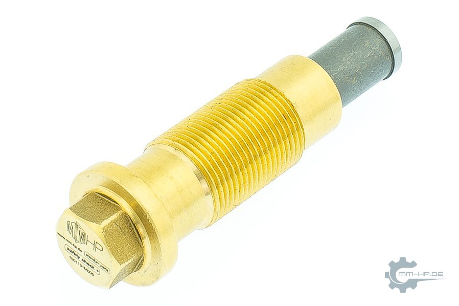 Hydraulic screw-in chain tensioner as a new part with a yellow threaded housing and hex