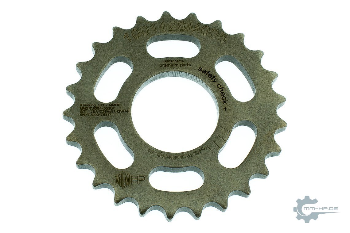 New timing chain sprocket, with cutouts in the wheel body and laser markings