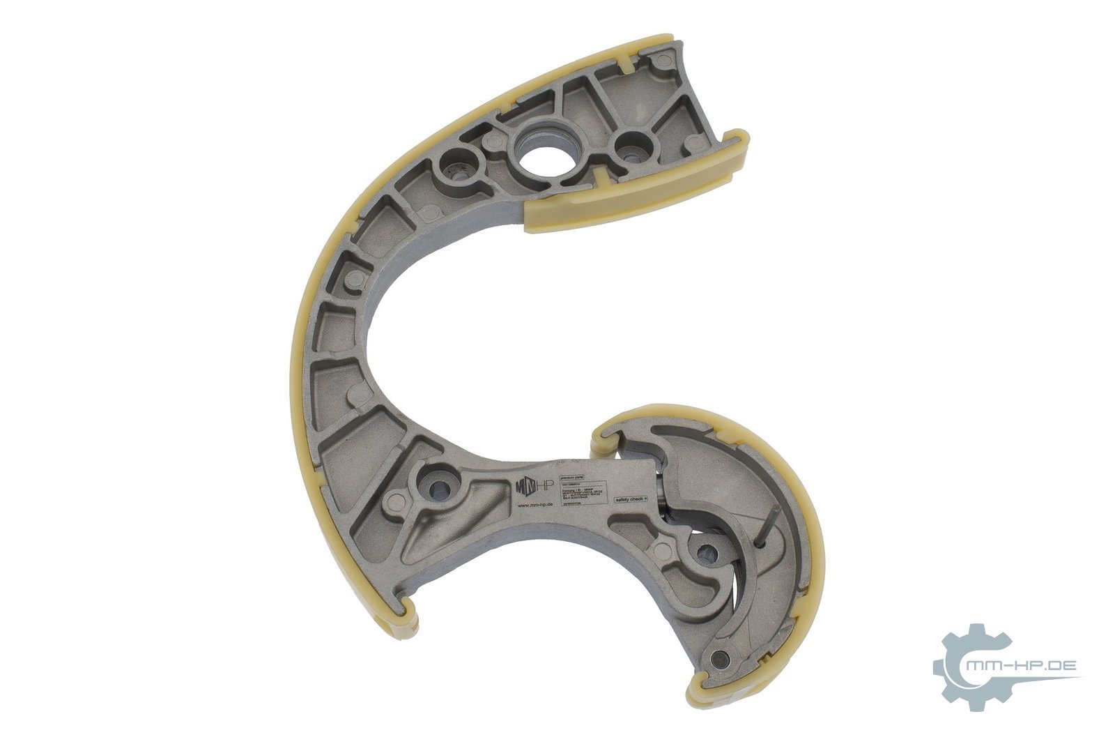 Tensioner rail of a timing chain as a new part: ribbed carrier with a pivot eye, topped with a lighter-coloured lining that wraps around the ends