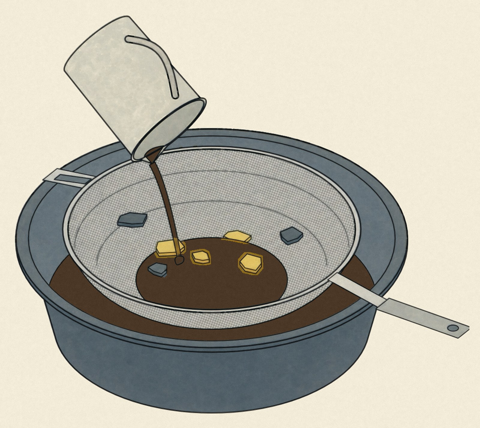 Used oil being poured from a tilted jug over its spout through a fine-mesh strainer into a drain pan; several angular plastic fragments, pale beige and black, lie in the strainer