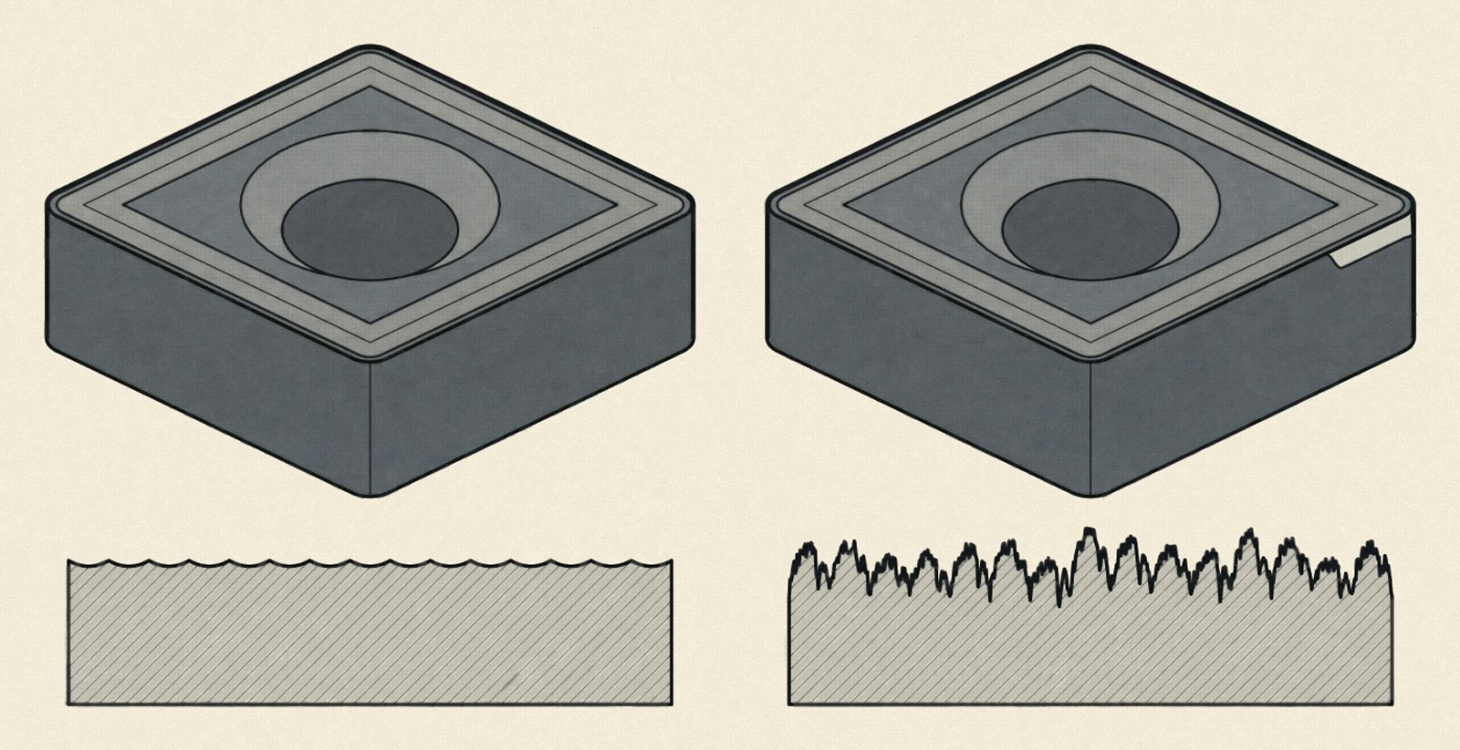 Two identical indexable inserts seen at an angle from above, left new with a sharp cutting edge, right with a bright wear land on the flank face directly below the main cutting edge at the working corner; below each, the surface it produces in section, left fine and even, right rough and jagged