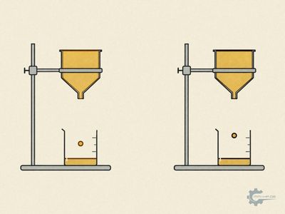 Two flow cups on stands filled with engine oil, beakers below with one falling drop each